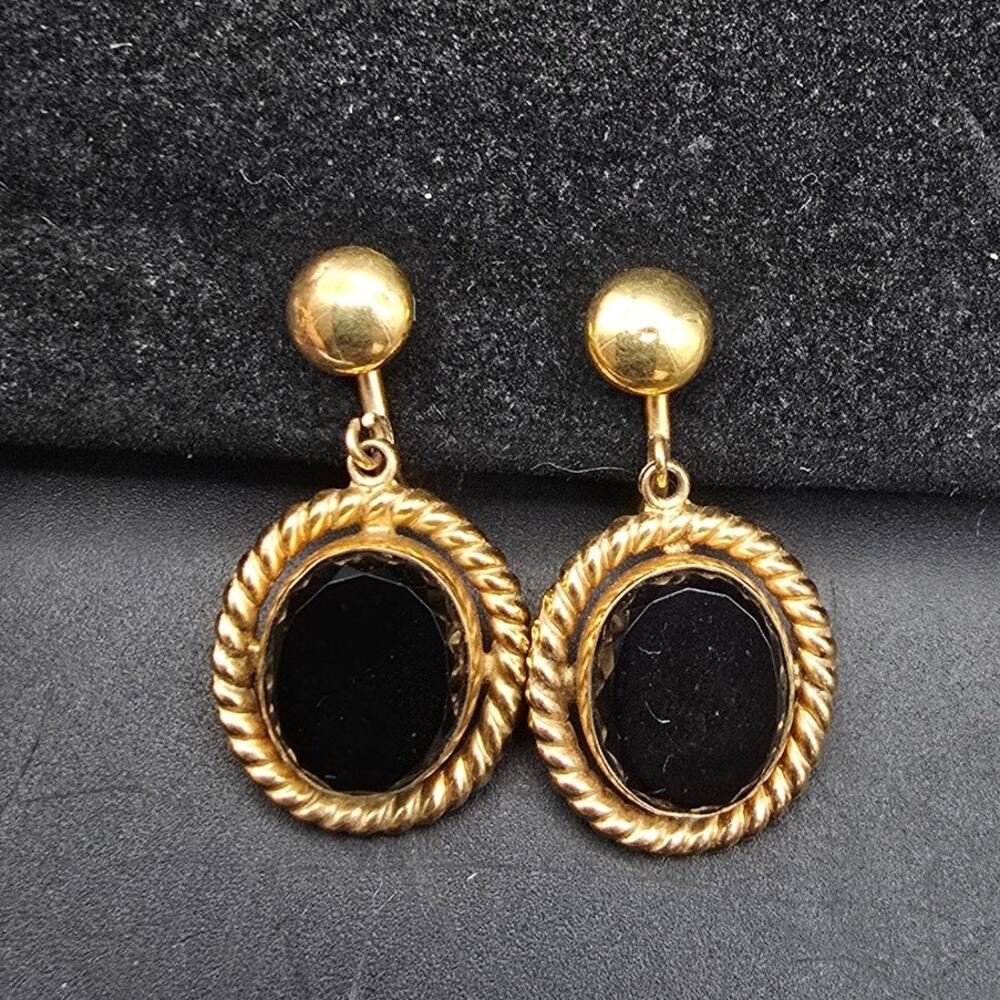12K Gold Filled Black Onyx Screw Back Earrings Vintage Jewelry